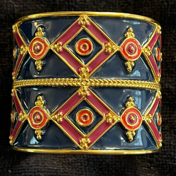 Vintage Tory Burch Wide Enamel Metal Cuff Bracelet Navy Blue Red Gold Geometric - Picture 1 of 5